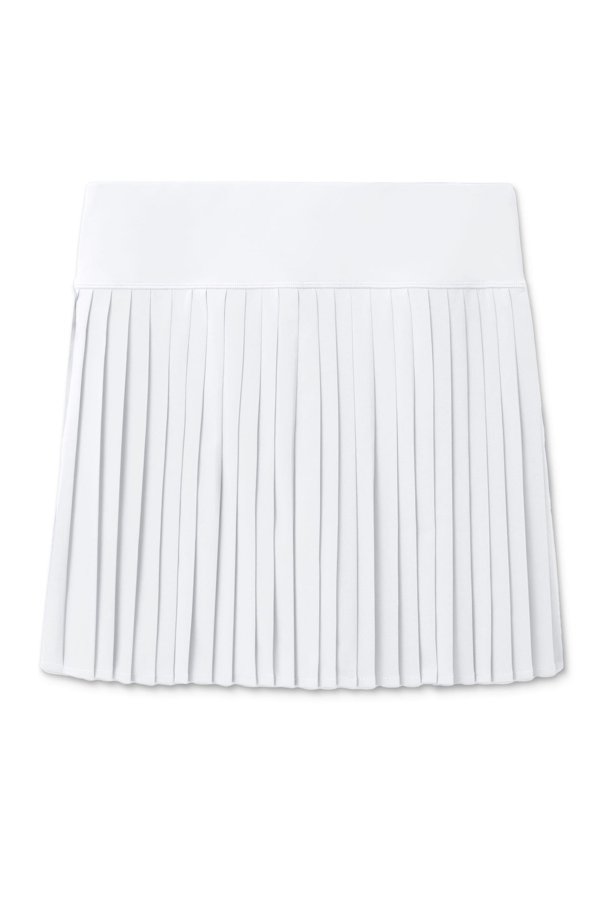 White | A white pleated tennis skirt with a wide elastic waistband, shown flat against a solid white background.