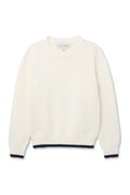 Ivory | Knit beige sweater with navy trim on a white background