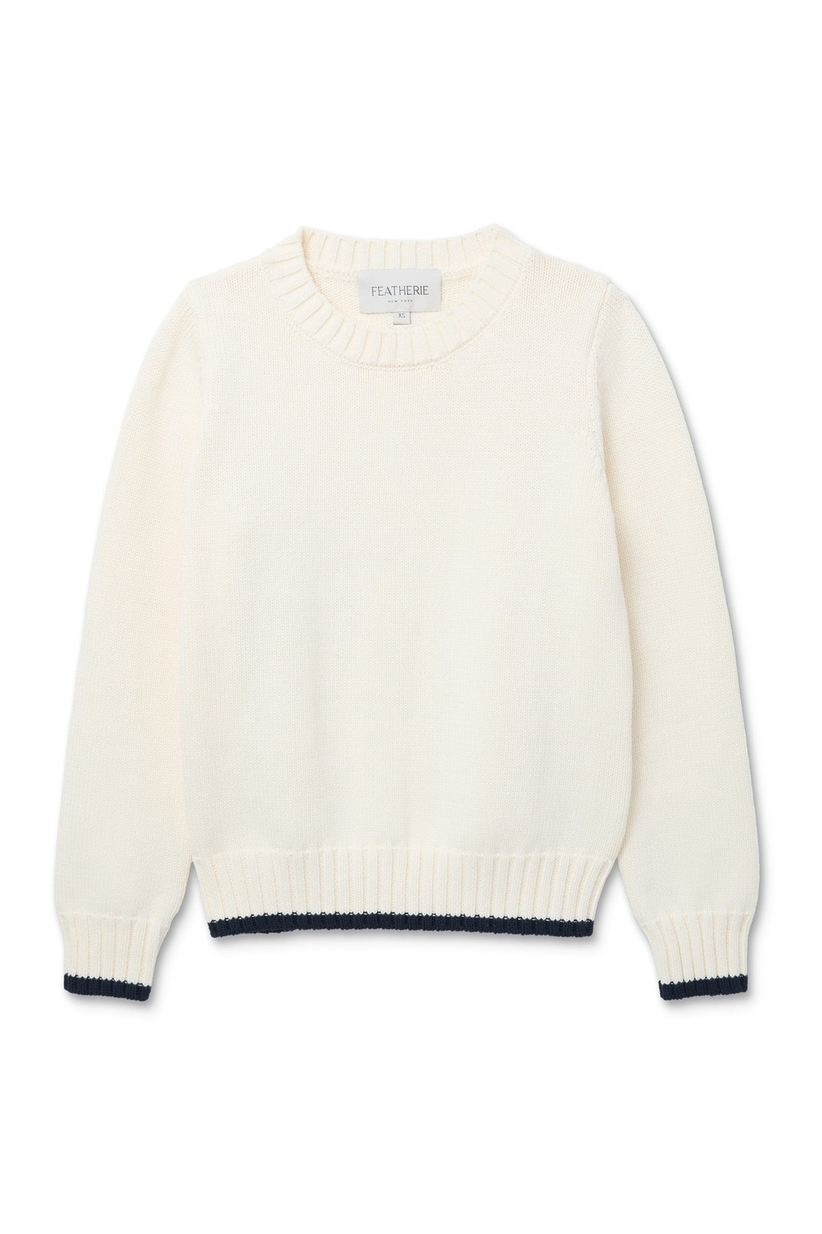 Ivory | Knit beige sweater with navy trim on a white background