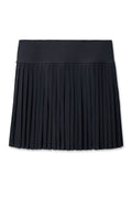 Black | A black pleated mini skirt with a wide, solid waistband, shown flat against a plain white background.