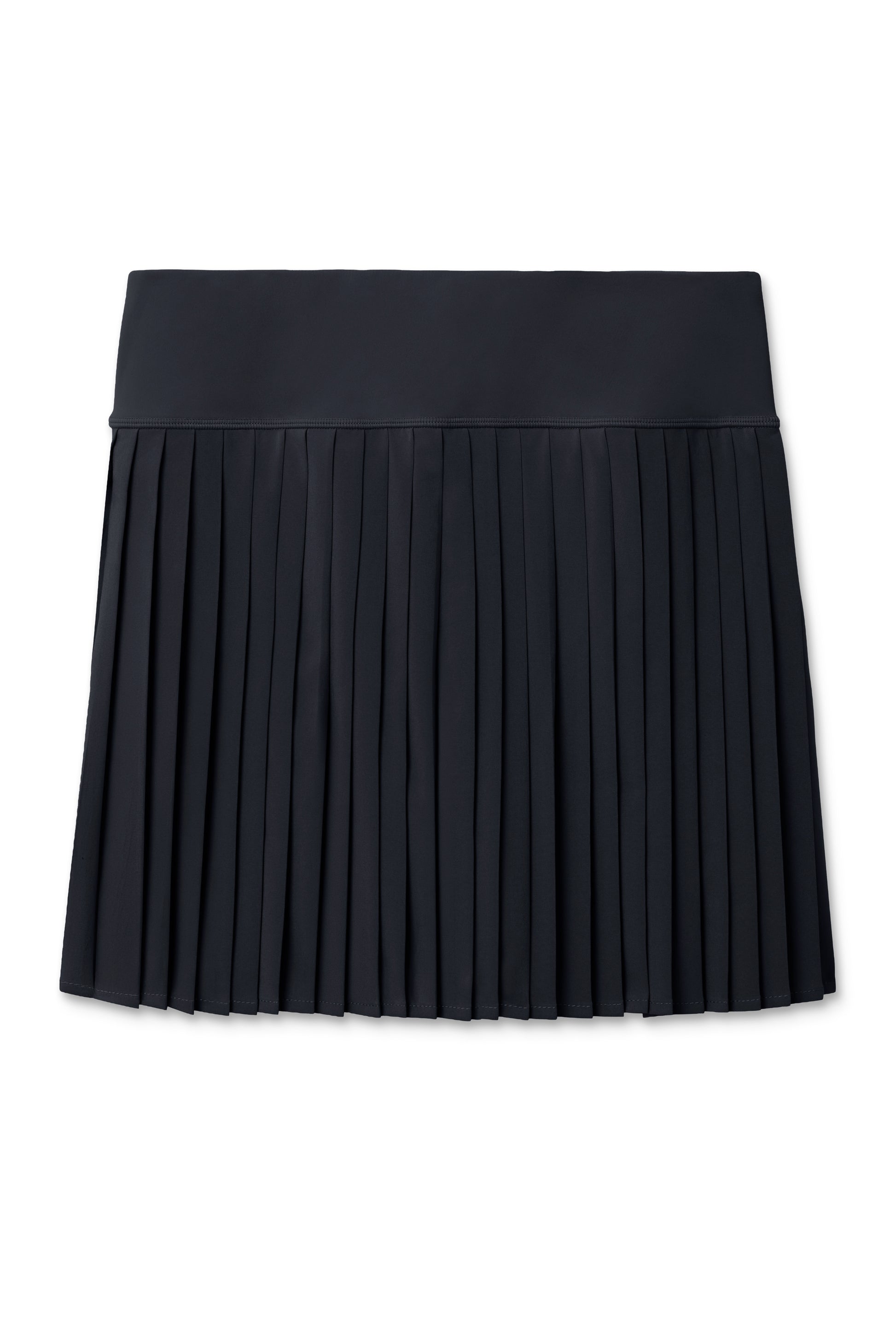 Black | A black pleated mini skirt with a wide, solid waistband, shown flat against a plain white background.