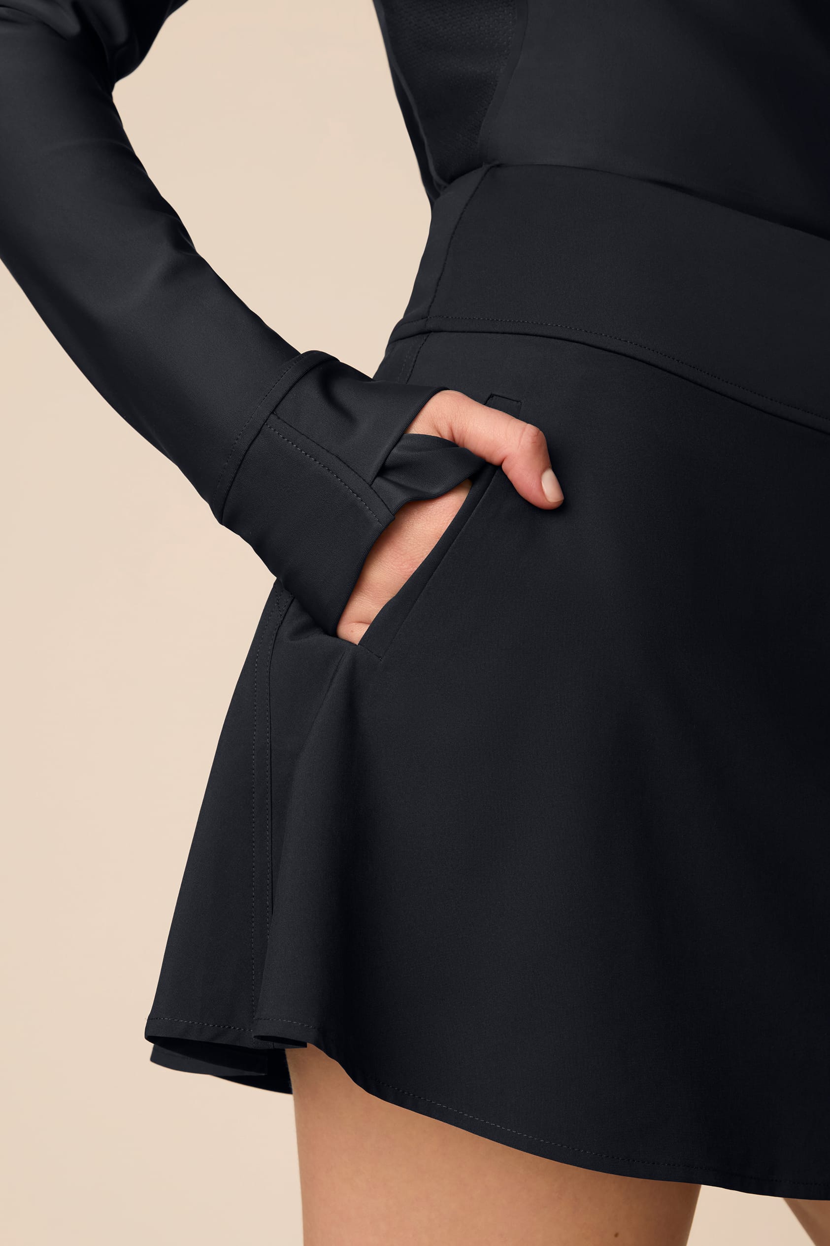 Black | Black Sophia a-line skort on a beige background
