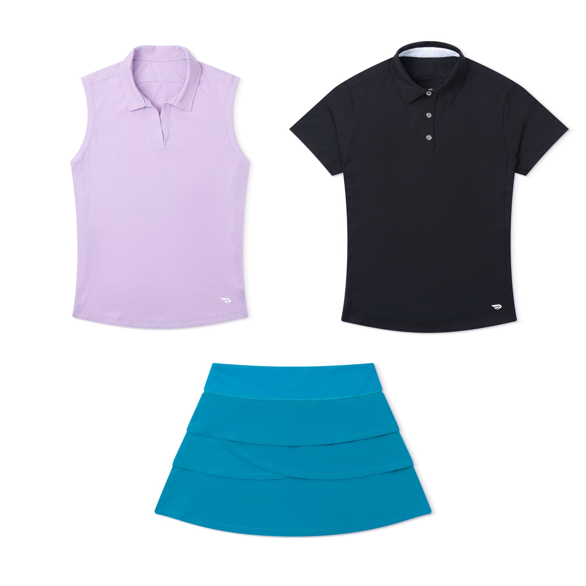 Purple sleeveless shirt, black polo shirt, and blue skort on a white background