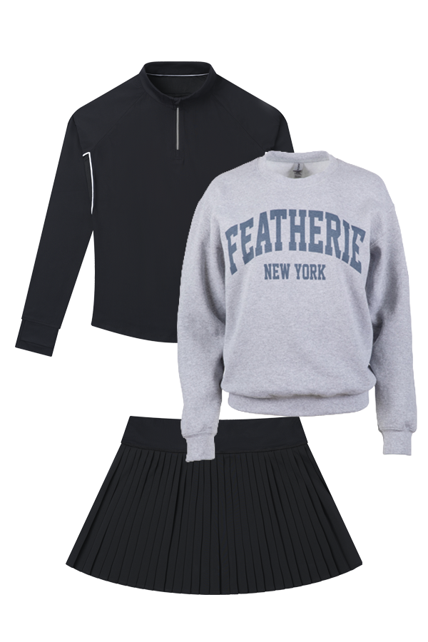 Black quarter-zip sweatshirt, gray 'FEATHERIE NEW YORK' sweatshirt, and black pleated skort on a white background