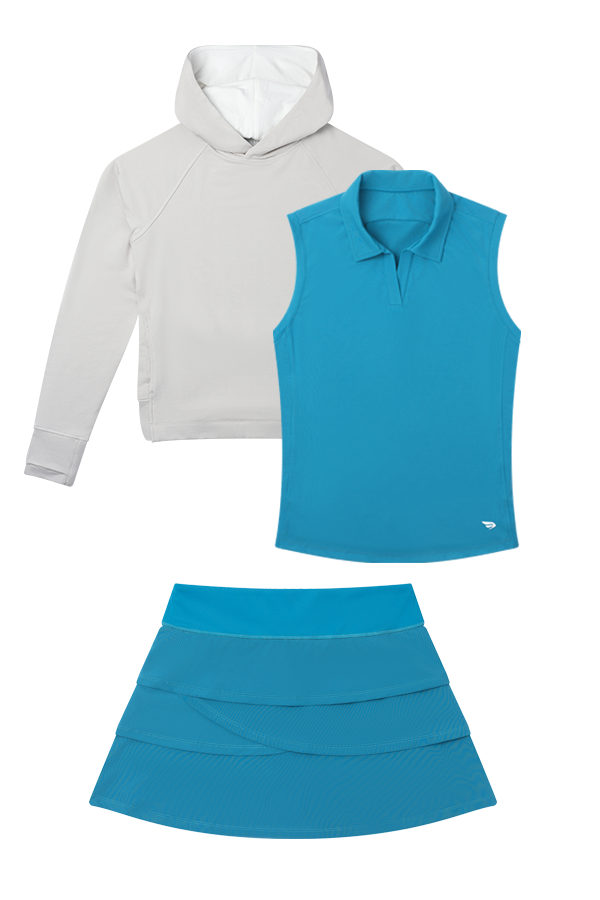 Gray hoodie, blue sleeveless top, and blue skort on a white background