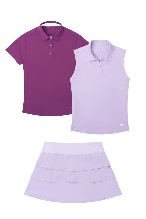 Purple polo shirt, sleeveless top, and skort set on a white background