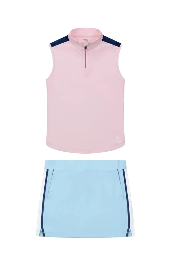 Pink sleeveless top and light blue skirt with dark trim on a white background